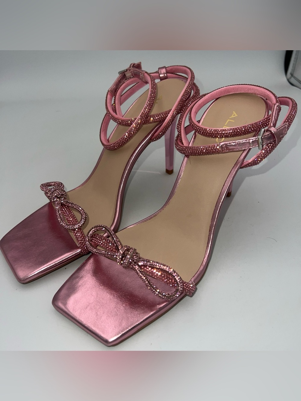 ALDO Barrona Pink Sandals Rhinestones Vegan Leather Heels Women’s Size 8 NWB - Picture 8 of 14